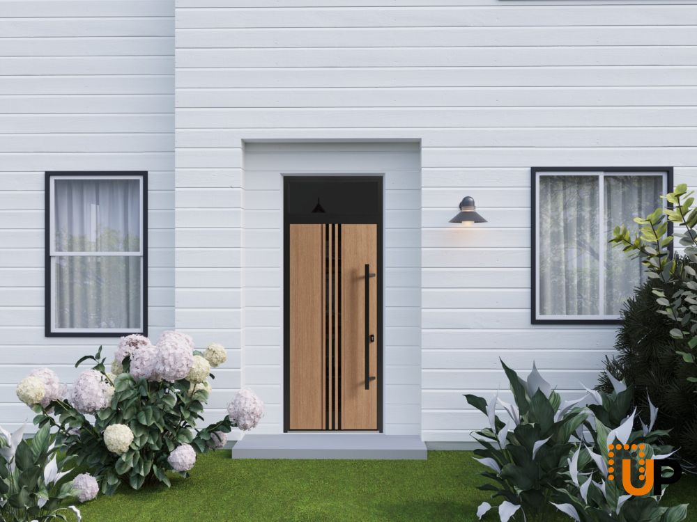 Front Exterior Prehung Steel Door / Ronex 1055 Teak 96" / Transom Window Sidelite / Entry Metal Modern Painted W36" x H96+16" Left hand Inswing photo#3