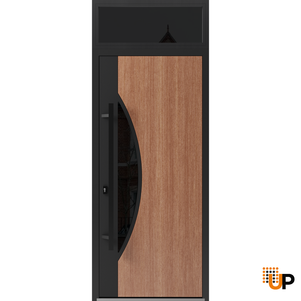Front Exterior Prehung Steel Door / Ronex 1077 Teak / Transom Window Sidelite / Entry Metal Modern Painted W36" x H80+16" Right hand Inswing photo#1