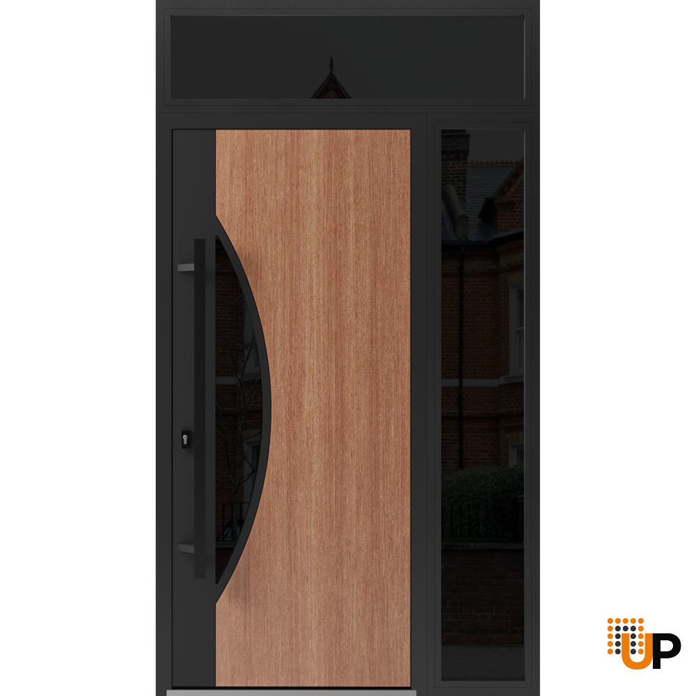 Front Exterior Prehung Steel Door / Ronex 1077 Teak / Sidelight and Transom Window Sidelite / Entry Metal Modern Painted W36+16" x H80+16" Right hand Inswing photo#1