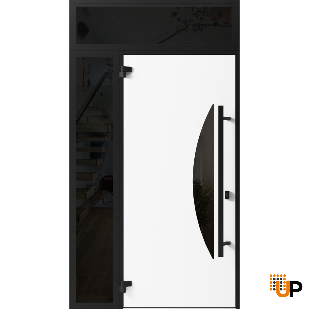 Front Exterior Prehung Steel Door / Ronex 1077 Teak / Sidelight and Transom Window Sidelite / Entry Metal Modern Painted W36+16" x H80+16" Right hand Inswing photo#2