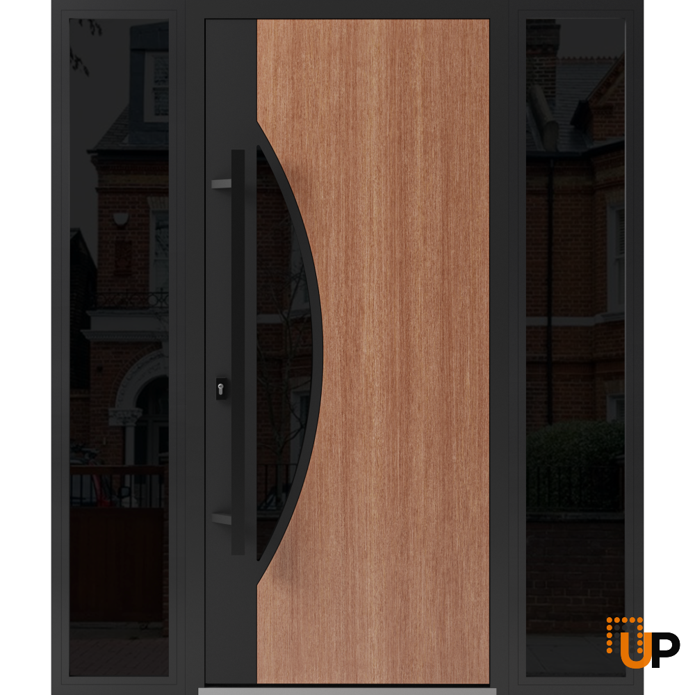 Front Exterior Prehung Steel Door / Ronex 1077 Teak / 2 Sidelight Exterior Windows Sidelites/ Entry Metal Modern Painted W16+36+16" x H80" Right hand Inswing photo#1