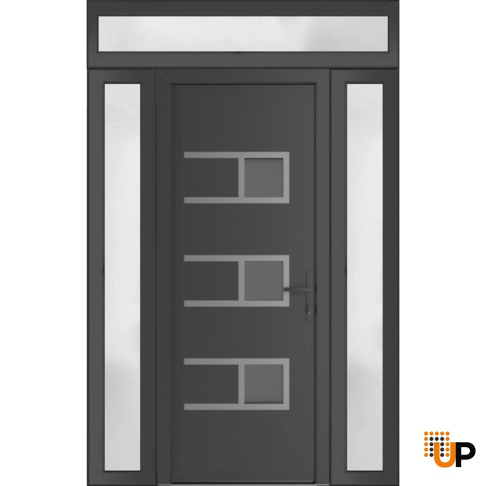 Front Exterior Prehung Metal-PlasticDoor | Manux 8933 Antracite Grey | 2 Side Sidelite Transoms | Office Commercial and Residential Doors Entrance Patio Garage 62" x 80" (W16+30+16" x H80") Left hand Inswing photo#1