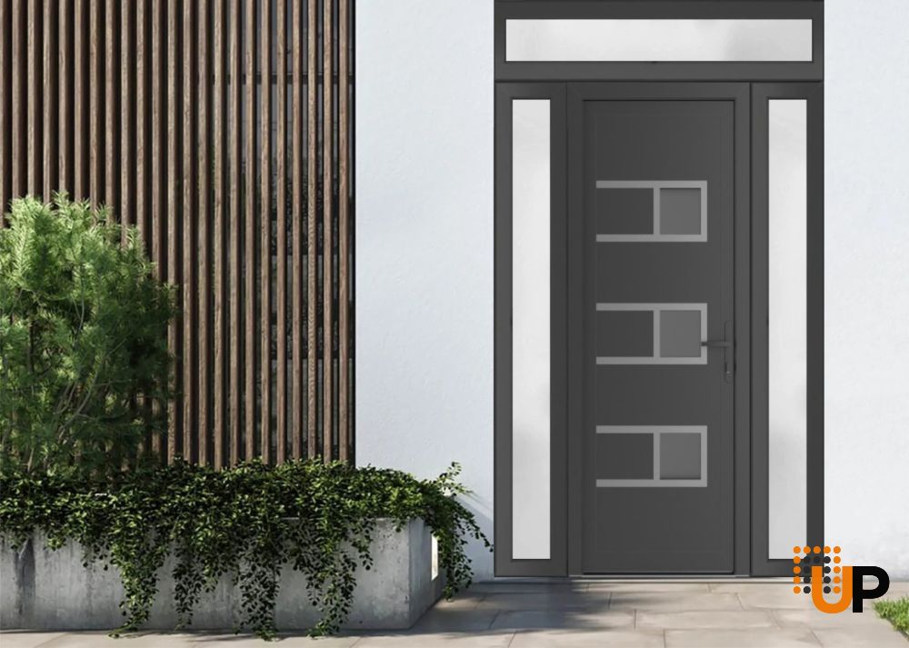Front Exterior Prehung Metal-PlasticDoor | Manux 8933 Antracite Grey | 2 Side Sidelite Transoms | Office Commercial and Residential Doors Entrance Patio Garage 62" x 80" (W16+30+16" x H80") Left hand Inswing photo#3
