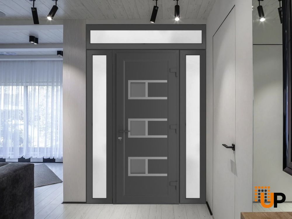 Front Exterior Prehung Metal-PlasticDoor | Manux 8933 Antracite Grey | 2 Side Sidelite Transoms | Office Commercial and Residential Doors Entrance Patio Garage 62" x 80" (W16+30+16" x H80") Left hand Inswing photo#2