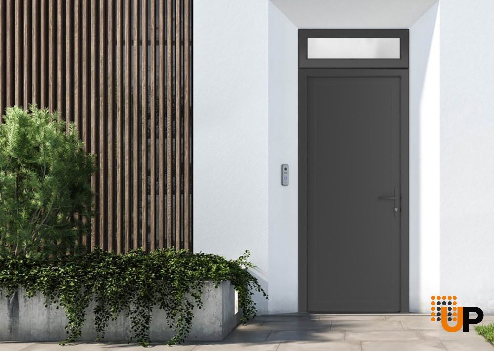 Front Exterior Prehung Metal-PlasticDoor Frosted Glass | Manux 8111 Antracite Grey | Top Sidelite Transom | Office Commercial and Residential Doors Entrance Patio Garage 36" x 94" (W36" x H80+14") Left hand Inswing photo#3