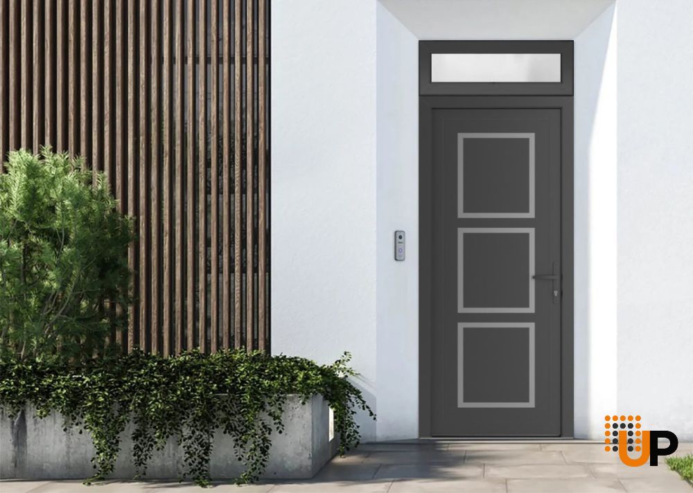 Front Exterior Prehung Metal-PlasticDoor | Manux 8661 Antracite Grey | Top Sidelite Transom | Office Commercial and Residential Doors Entrance Patio Garage 36" x 94" (W36" x H80+14") Left hand Inswing photo#2
