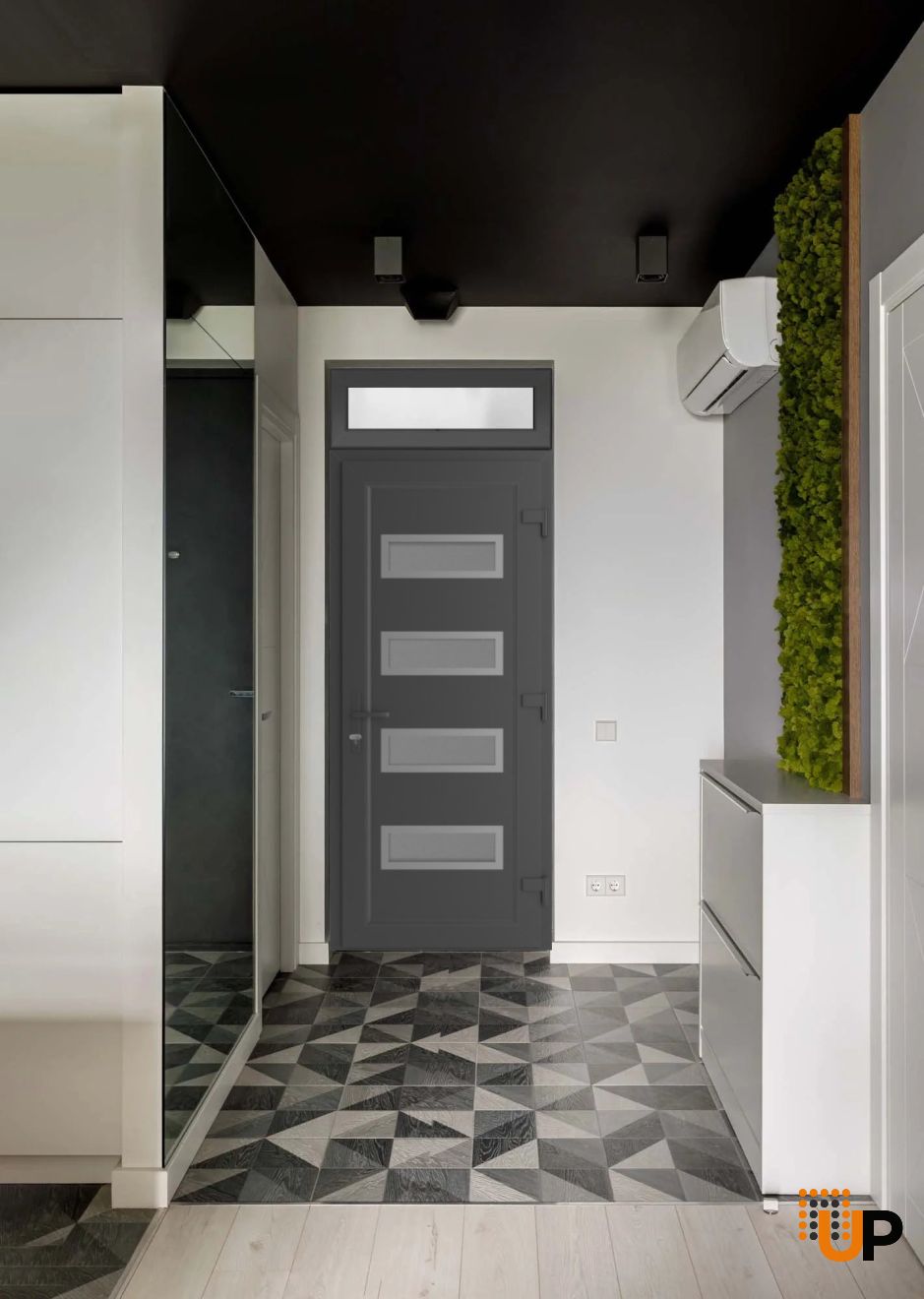 Front Exterior Prehung Metal-PlasticDoor | Manux 8113 Antracite Grey | Top Sidelite Transom | Office Commercial and Residential Doors Entrance Patio Garage 36" x 94" (W36" x H80+14") Left hand Inswing photo#3