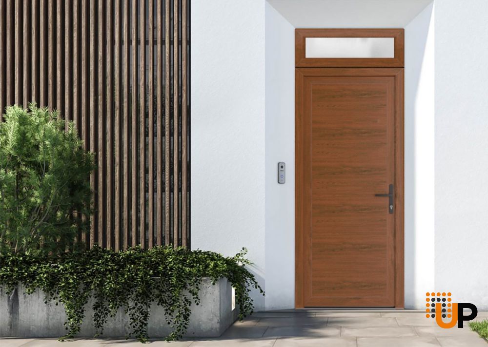 Front Exterior Prehung Metal-PlasticDoor Frosted Glass | Manux 8111 Walnut | Top Sidelite Transom | Office Commercial and Residential Doors Entrance Patio Garage 36" x 94" (W36" x H80+14") Left hand Inswing photo#3