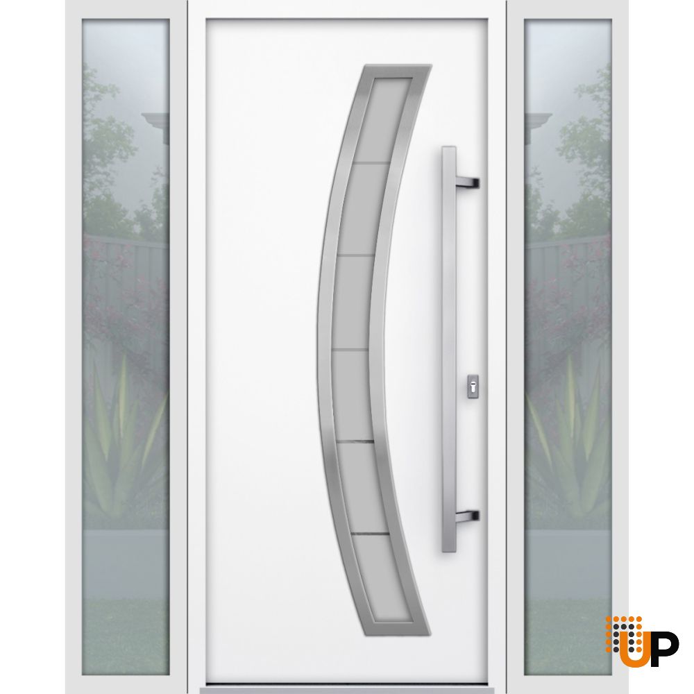 Front Exterior Prehung Steel Door / Deux 6500 White / 2 Sidelight Exterior Windows / Stainless Inserts Single Modern Painted-W14+36+14" x H80"-Left-hand Inswing photo#1