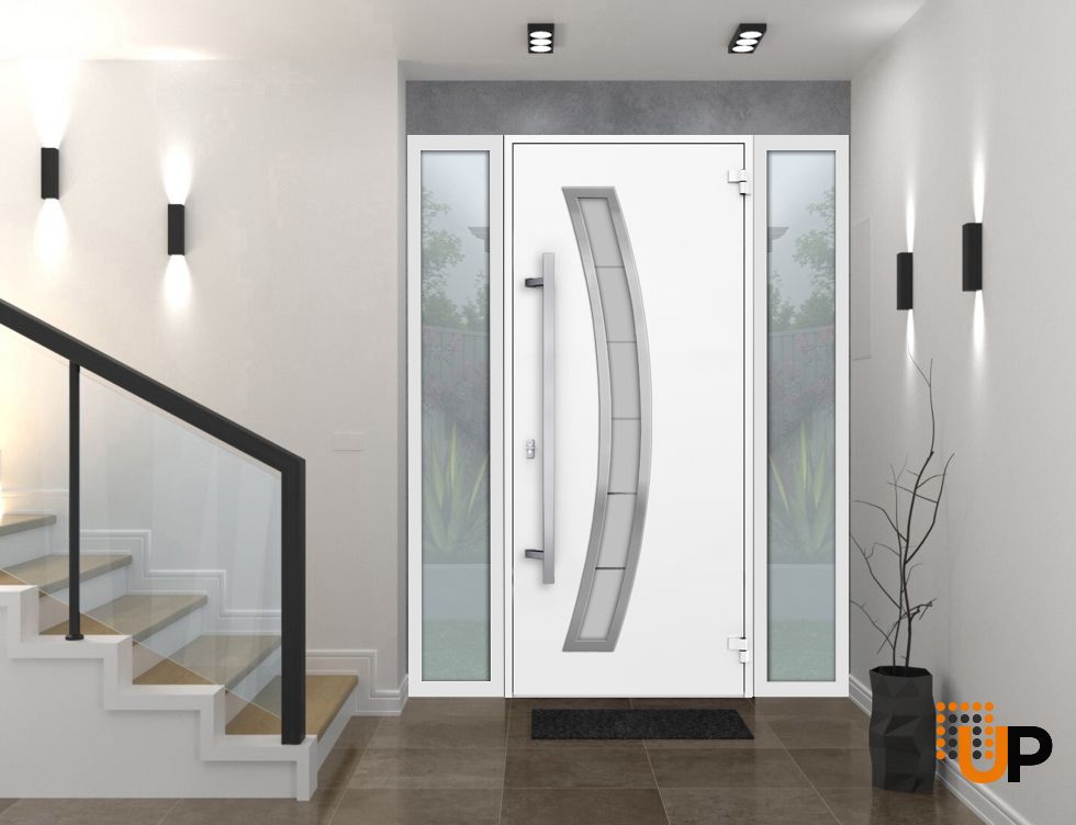 Front Exterior Prehung Steel Door / Deux 6500 White / 2 Sidelight Exterior Windows / Stainless Inserts Single Modern Painted-W14+36+14" x H80"-Left-hand Inswing photo#2