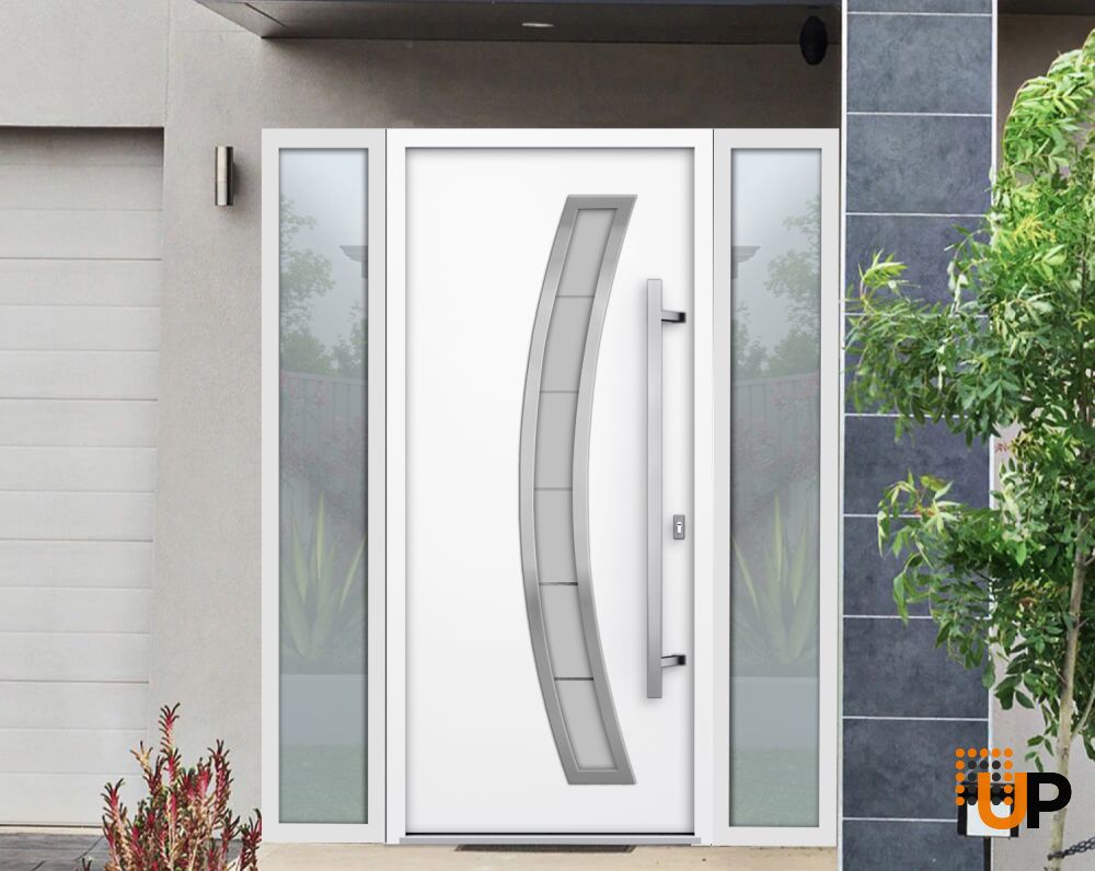 Front Exterior Prehung Steel Door / Deux 6500 White / 2 Sidelight Exterior Windows / Stainless Inserts Single Modern Painted-W14+36+14" x H80"-Left-hand Inswing photo#3