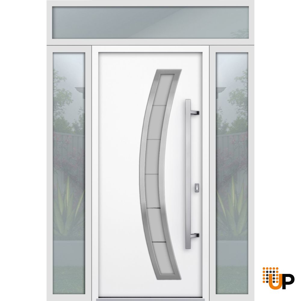 Front Exterior Prehung Steel Door / Deux 6500 White / 2 Sidelight and Transom Window / Stainless Inserts Single Modern Painted-W14+36+14" x H80+16"-Left-hand Inswing photo#1
