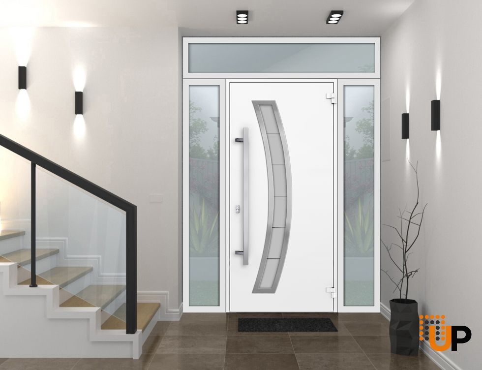 Front Exterior Prehung Steel Door / Deux 6500 White / 2 Sidelight and Transom Window / Stainless Inserts Single Modern Painted-W14+36+14" x H80+16"-Left-hand Inswing photo#2