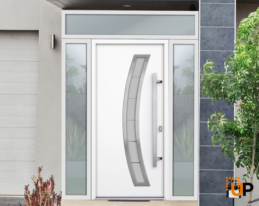 Front Exterior Prehung Steel Door / Deux 6500 White / 2 Sidelight and Transom Window / Stainless Inserts Single Modern Painted-W14+36+14" x H80+16"-Left-hand Inswing photo#3