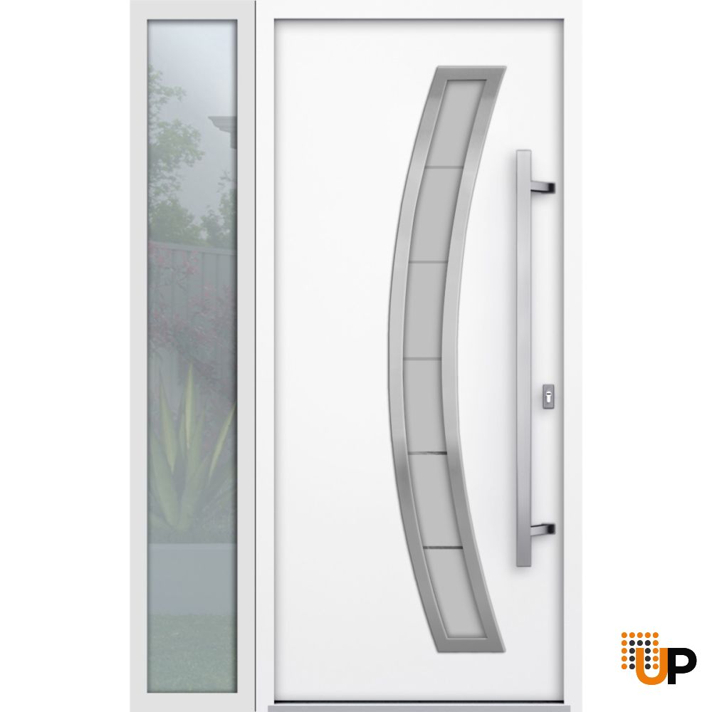 Front Exterior Prehung Steel Door / Deux 6500 White / Sidelight Exterior Window / Stainless Inserts Single Modern Painted-W36+16" x H80"-Left-hand Inswing photo#1