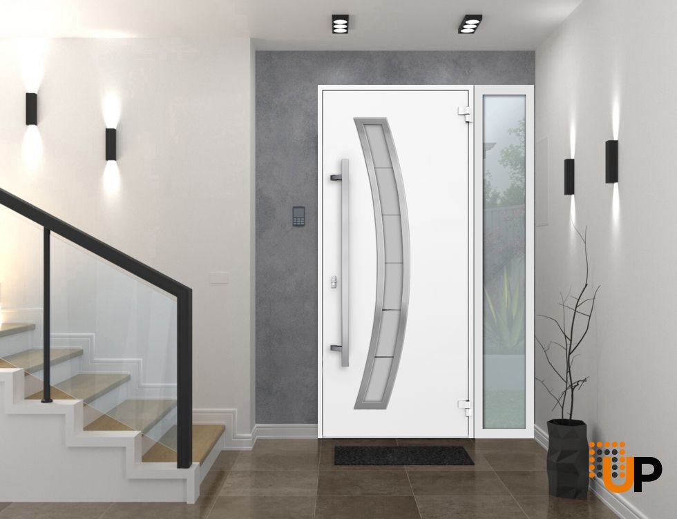 Front Exterior Prehung Steel Door / Deux 6500 White / Sidelight Exterior Window / Stainless Inserts Single Modern Painted-W36+16" x H80"-Left-hand Inswing photo#3