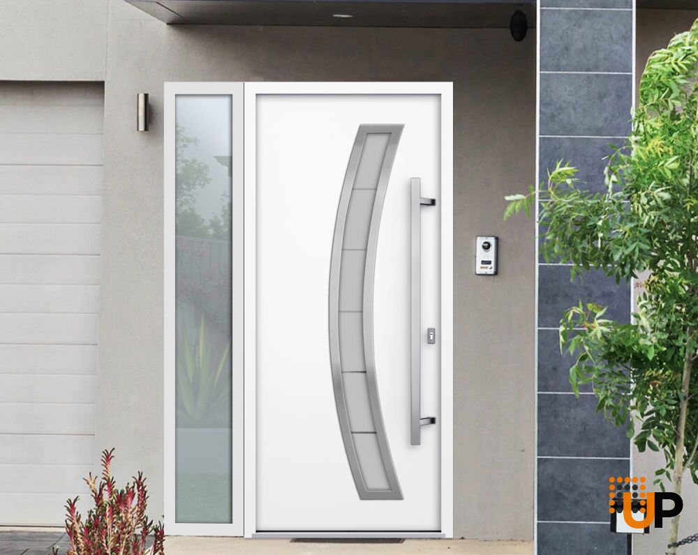 Front Exterior Prehung Steel Door / Deux 6500 White / Sidelight Exterior Window / Stainless Inserts Single Modern Painted-W36+16" x H80"-Left-hand Inswing photo#4