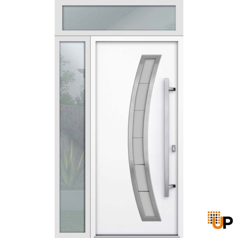 Front Exterior Prehung Steel Door / Deux 6500 White / Sidelight and Transom Window / Stainless Inserts Single Modern Painted-W36+12" x H80+16"-Left-hand Inswing photo#1