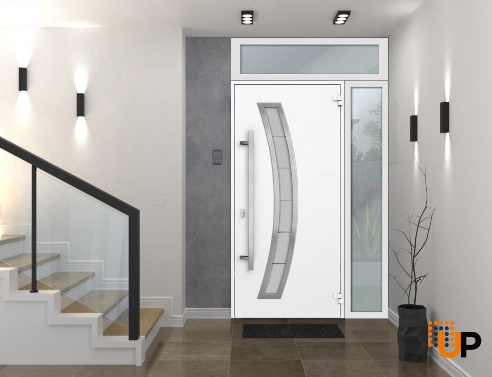 Front Exterior Prehung Steel Door / Deux 6500 White / Sidelight and Transom Window / Stainless Inserts Single Modern Painted-W36+16" x H80+16"-Left-hand Inswing photo#3