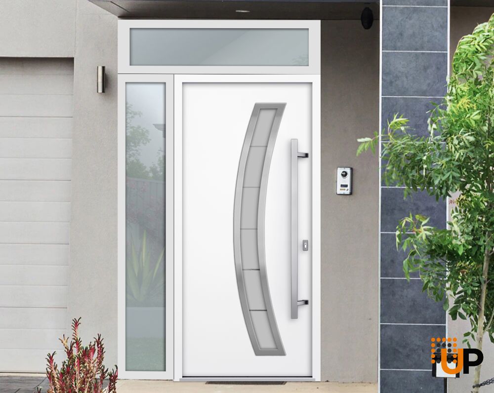 Front Exterior Prehung Steel Door / Deux 6500 White / Sidelight and Transom Window / Stainless Inserts Single Modern Painted-W36+12" x H80+16"-Left-hand Inswing photo#4
