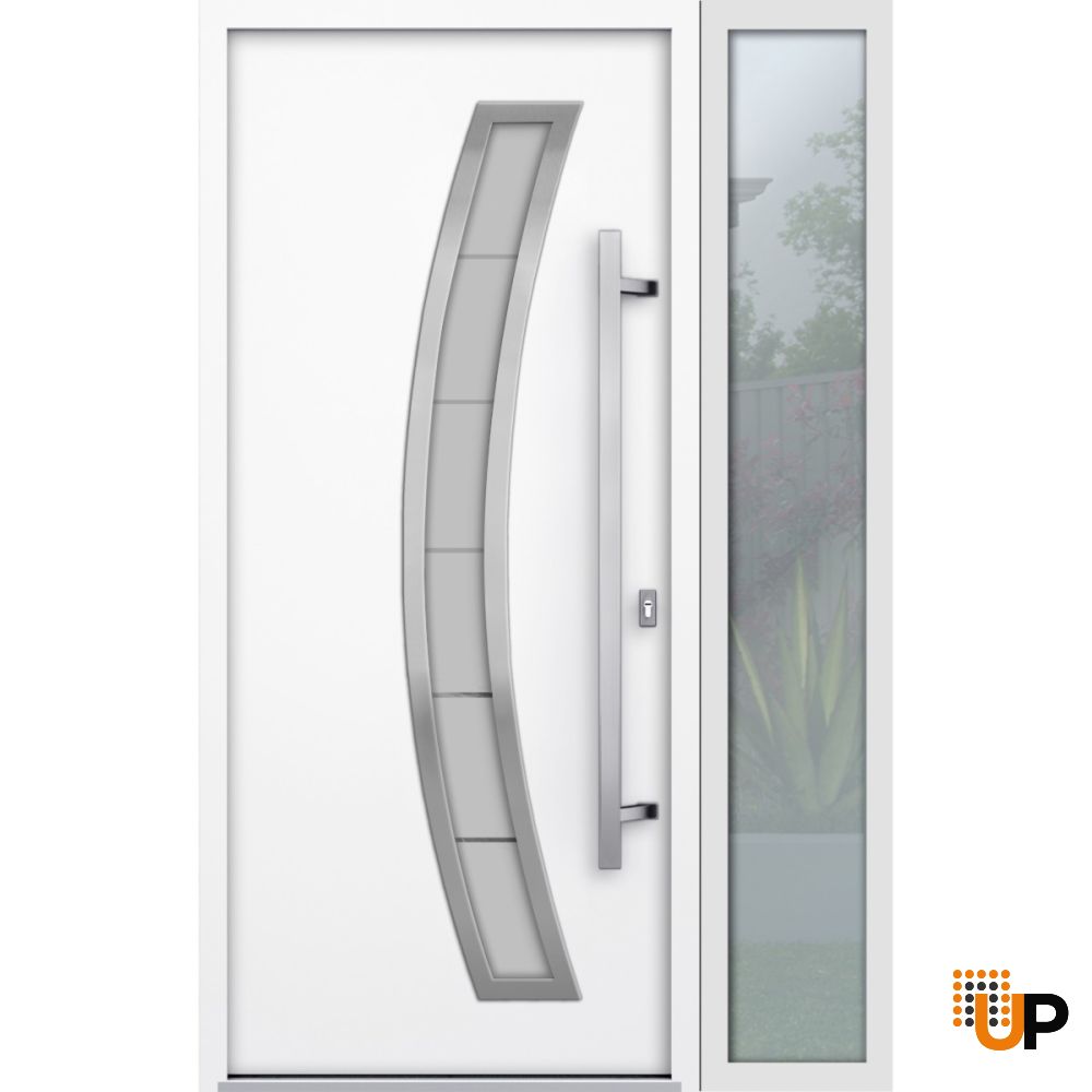 Front Exterior Prehung Steel Door / Deux 6500 White / Sidelight Exterior Window / Stainless Inserts Single Modern Painted-W36+16" x H80"-Left-hand Inswing photo#2