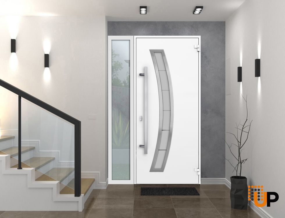 Front Exterior Prehung Steel Door / Deux 6500 White / Sidelight Exterior Window / Stainless Inserts Single Modern Painted-W36+16" x H80"-Left-hand Inswing photo#5