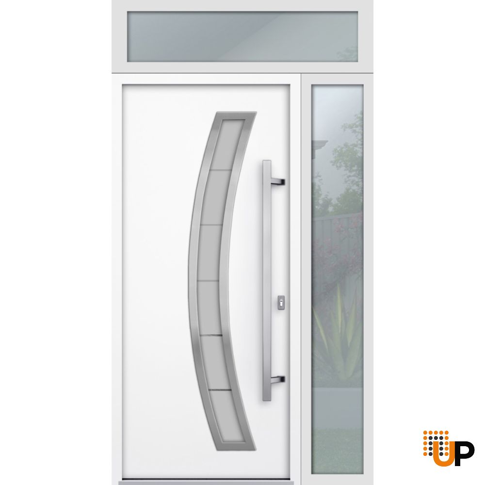 Front Exterior Prehung Steel Door / Deux 6500 White / Sidelight and Transom Window / Stainless Inserts Single Modern Painted-W36+16" x H80+16"-Left-hand Inswing photo#2