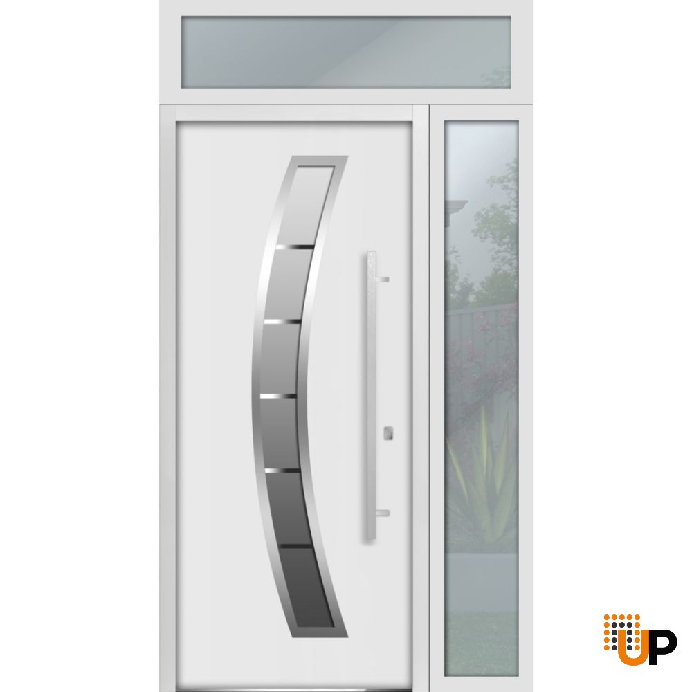 Front Exterior Prehung Steel Door / Deux 6500 White / Sidelight and Transom Window / Stainless Inserts Single Modern Painted-W36+12" x H80+16"-Left-hand Inswing photo#11