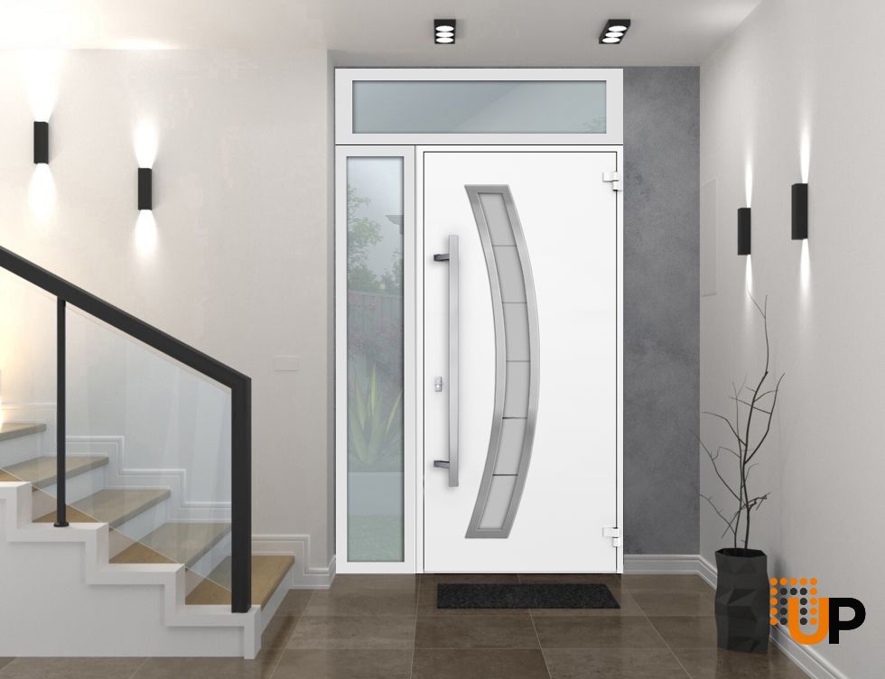 Front Exterior Prehung Steel Door / Deux 6500 White / Sidelight and Transom Window / Stainless Inserts Single Modern Painted-W36+12" x H80+16"-Left-hand Inswing photo#5