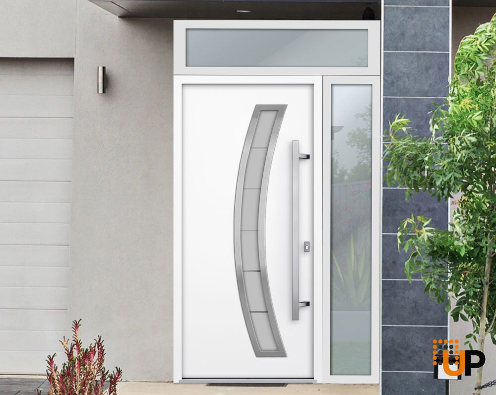Front Exterior Prehung Steel Door / Deux 6500 White / Sidelight and Transom Window / Stainless Inserts Single Modern Painted-W36+12" x H80+16"-Left-hand Inswing photo#6