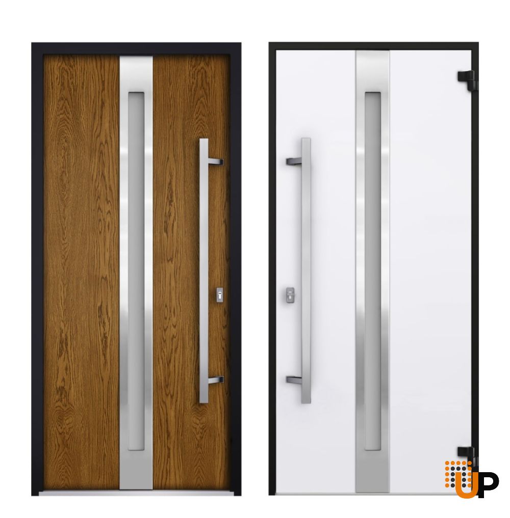 Front Exterior Prehung Steel Door / Deux 1744 Natural Oak / 2 Sidelight and Transom White Window / Stainless Inserts Single Modern Painted-W14+36+14" x H80+16"-Left-hand Outswing photo#4