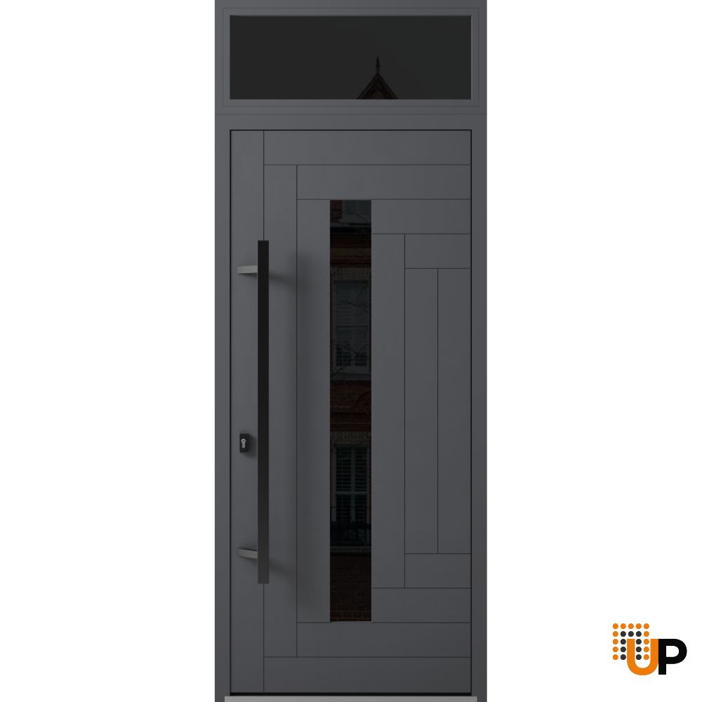 Front Exterior Prehung Steel Door / Ronex 0130 Grey / Transom Window Sidelite / Entry Metal Modern Painted W36" x H80+16" Right hand Inswing photo#1