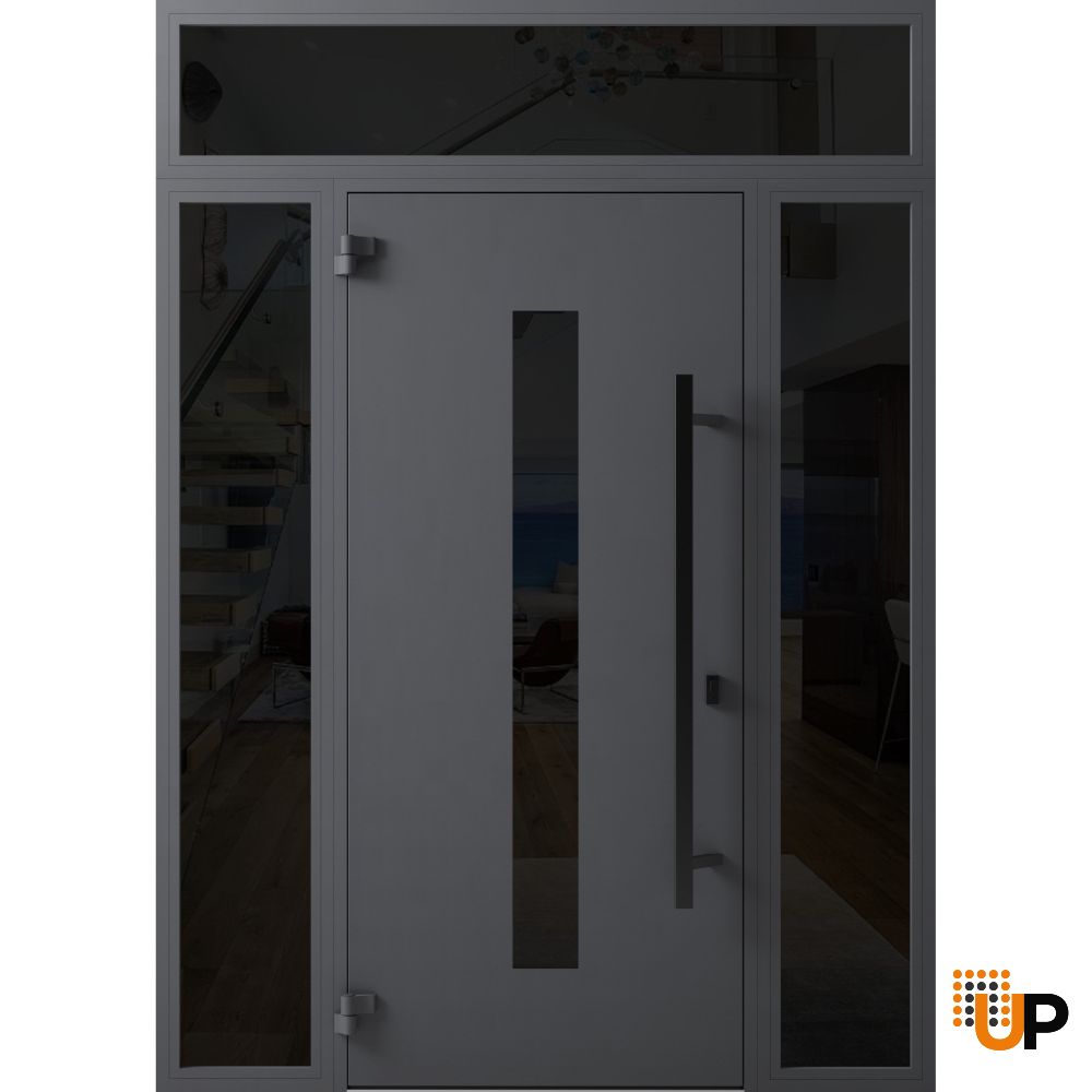 Front Exterior Prehung Steel Door / Ronex 0130 Grey / 2 Sidelight and Transom Window Sidelite / Entry Metal Modern Painted W14+36+14" x H80+16" Right hand Inswing photo#2