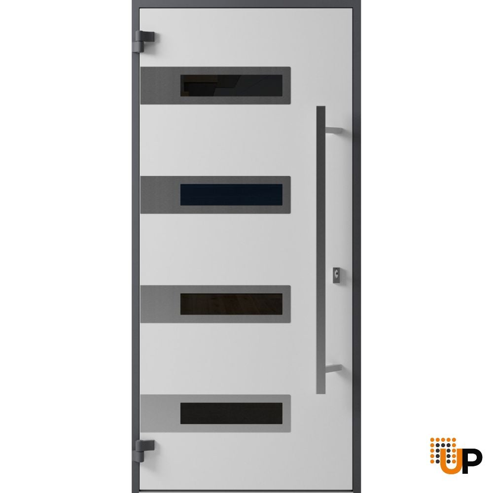Front Exterior Prehung Steel Door / Ronex 0131 Black Enamel / Stainless Inserts Entry Metal Modern Painted W36" x H80" Right hand Inswing photo#2