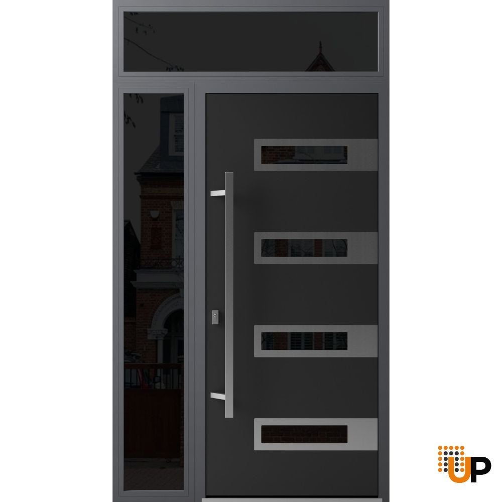 Front Exterior Prehung Steel Door / Ronex 0131 Black Enamel / Sidelight and Transom Window Sidelite / Stainless Inserts Entry Metal Modern Painted W36+12" x H80+16" Right hand Inswing photo#1