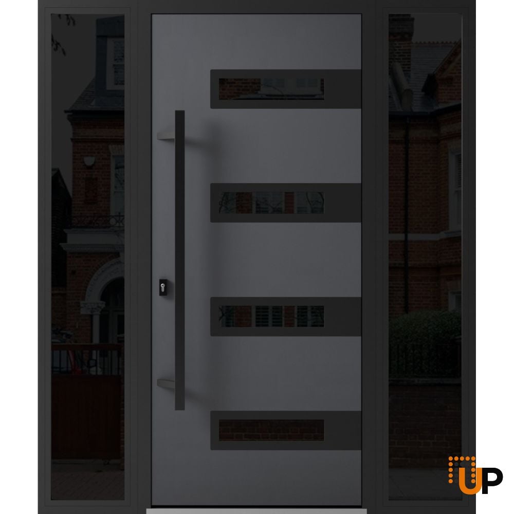 Front Exterior Prehung Steel Door / Ronex 0131 Grey / 2 Sidelight Exterior Windows Sidelites/ Entry Metal Modern Painted W14+36+14" x H80" Right hand Inswing photo#1