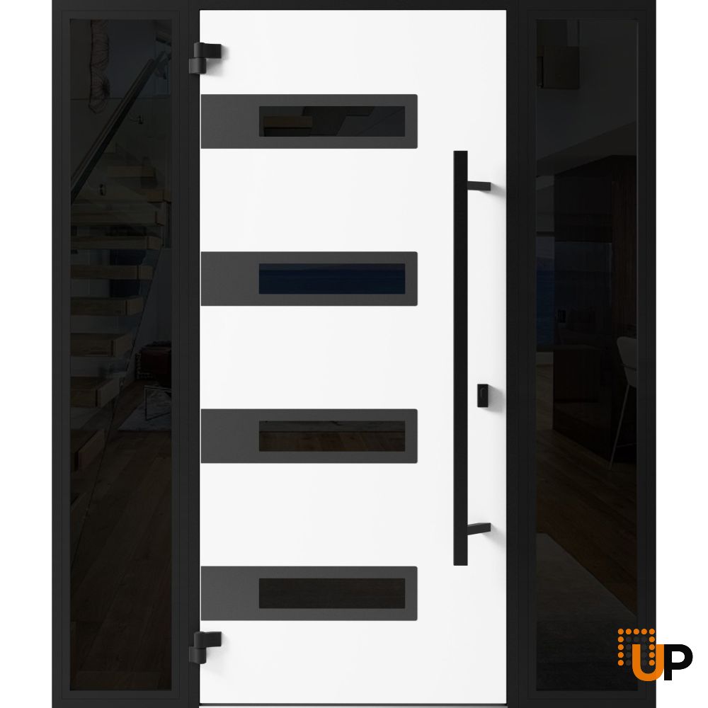 Front Exterior Prehung Steel Door / Ronex 0131 Grey / 2 Sidelight Exterior Windows Sidelites/ Entry Metal Modern Painted W14+36+14" x H80" Right hand Inswing photo#2