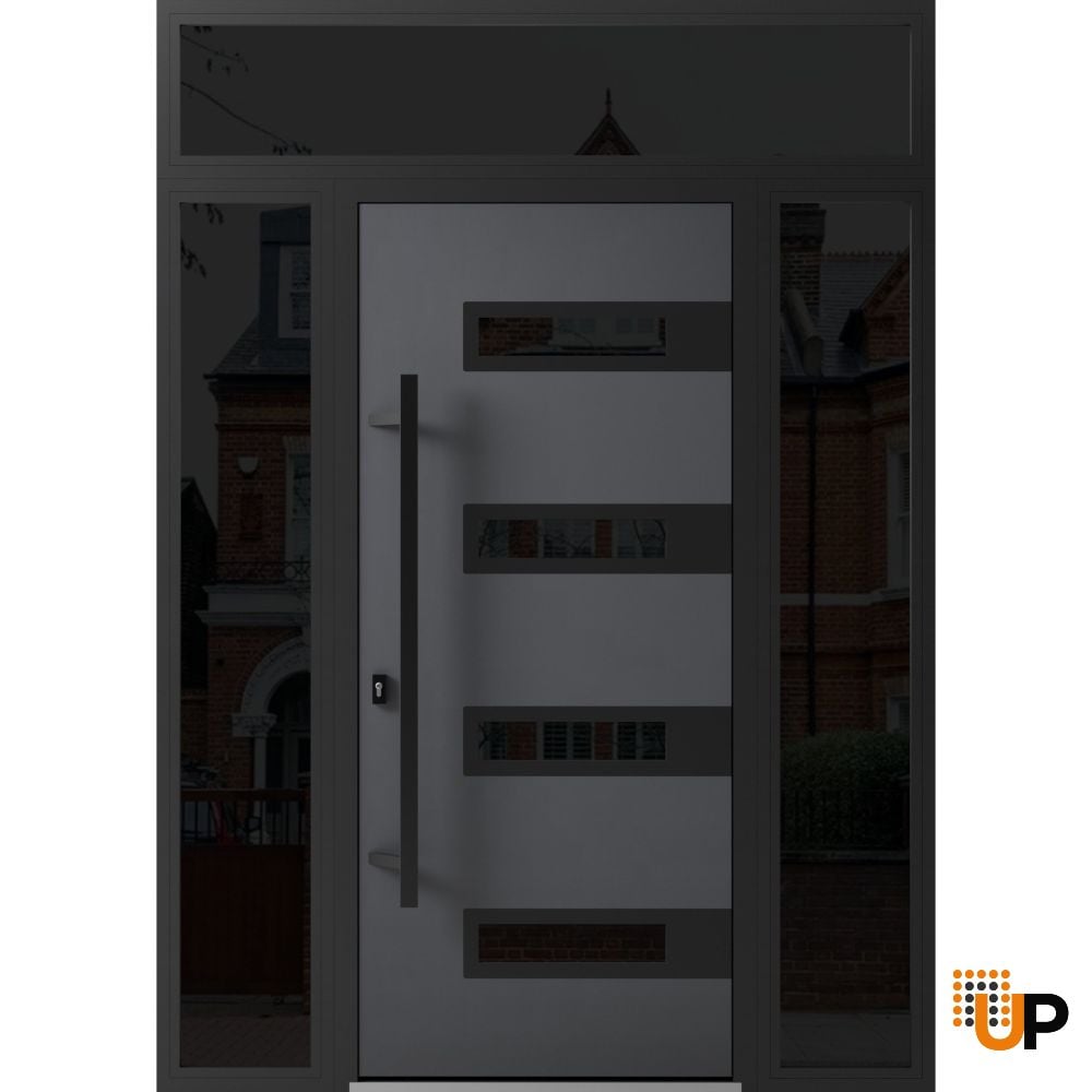 Front Exterior Prehung Steel Door / Ronex 0131 Grey / 2 Sidelight and Transom Window Sidelite / Entry Metal Modern Painted W14+36+14" x H80+16" Right hand Inswing photo#1