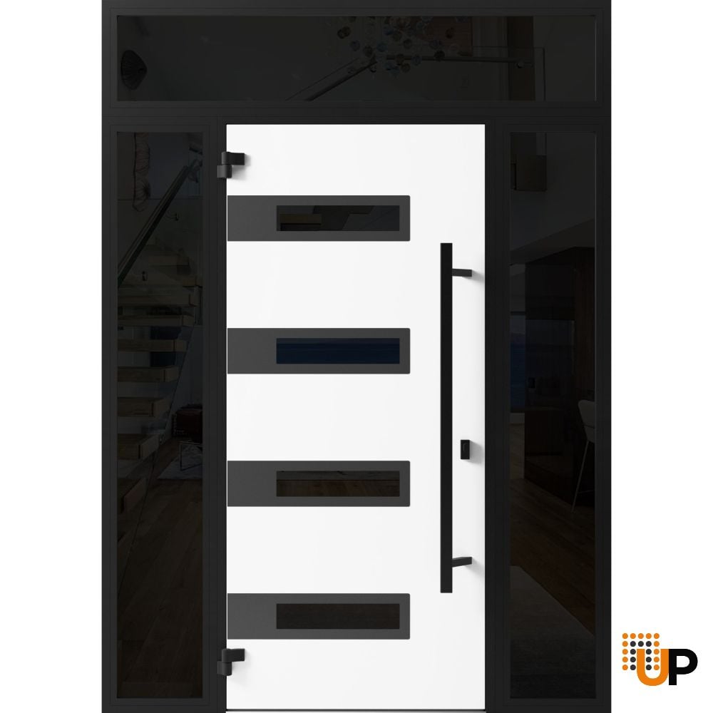 Front Exterior Prehung Steel Door / Ronex 0131 Grey / 2 Sidelight and Transom Window Sidelite / Entry Metal Modern Painted W14+36+14" x H80+16" Right hand Inswing photo#2