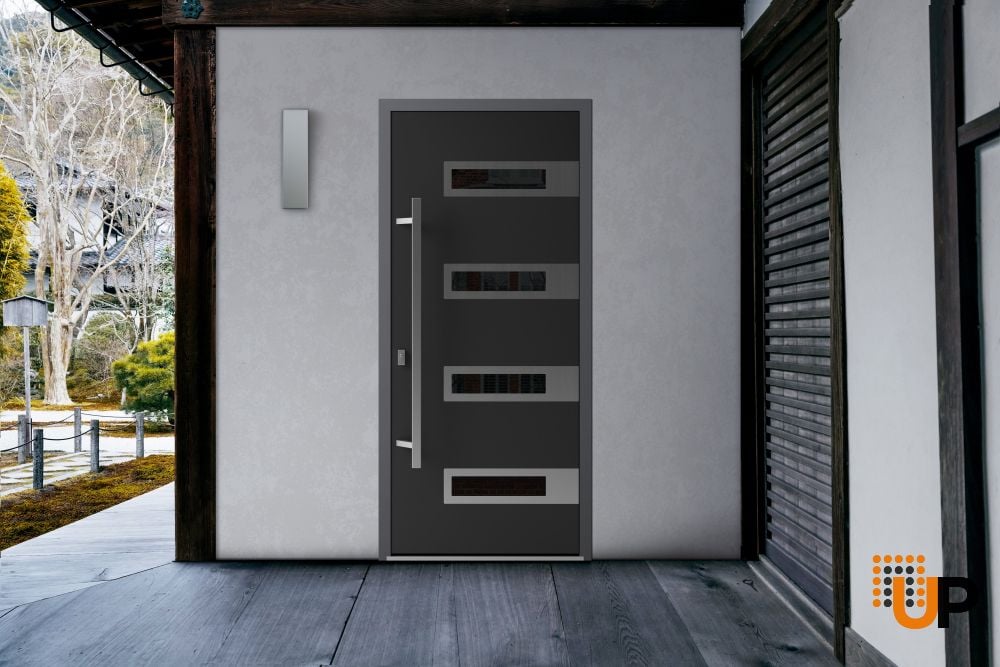 Front Exterior Prehung Steel Door / Ronex 0131 Black Enamel / Stainless Inserts Entry Metal Modern Painted W36" x H80" Right hand Inswing photo#3