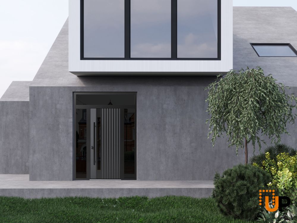 Front Exterior Prehung Steel Door / Ronex 0144 Grey / 2 Sidelight and Transom Window Sidelite / Entry Metal Modern Painted W16+36+16" x H80+16" Right hand Inswing photo#3