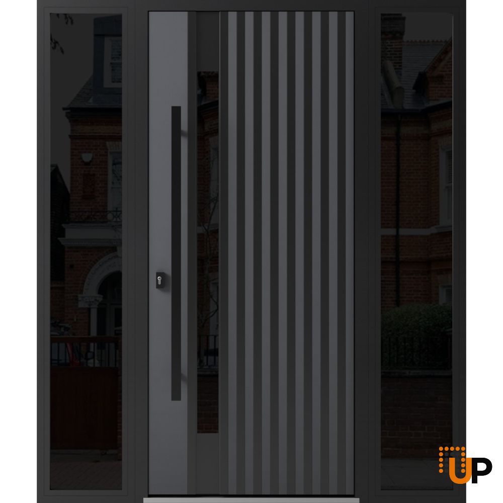 Front Exterior Prehung Steel Door / Ronex 0144 Grey / 2 Sidelight Exterior Windows Sidelites/ Entry Metal Modern Painted W14+36+14" x H80" Right hand Inswing photo#1
