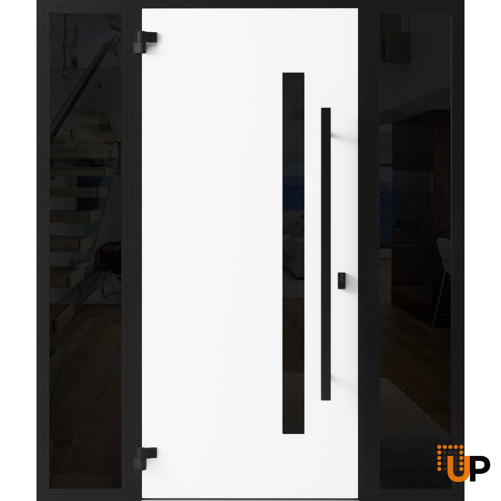 Front Exterior Prehung Steel Door / Ronex 0144 Grey / 2 Sidelight Exterior Windows Sidelites/ Entry Metal Modern Painted W14+36+14" x H80" Right hand Inswing photo#2