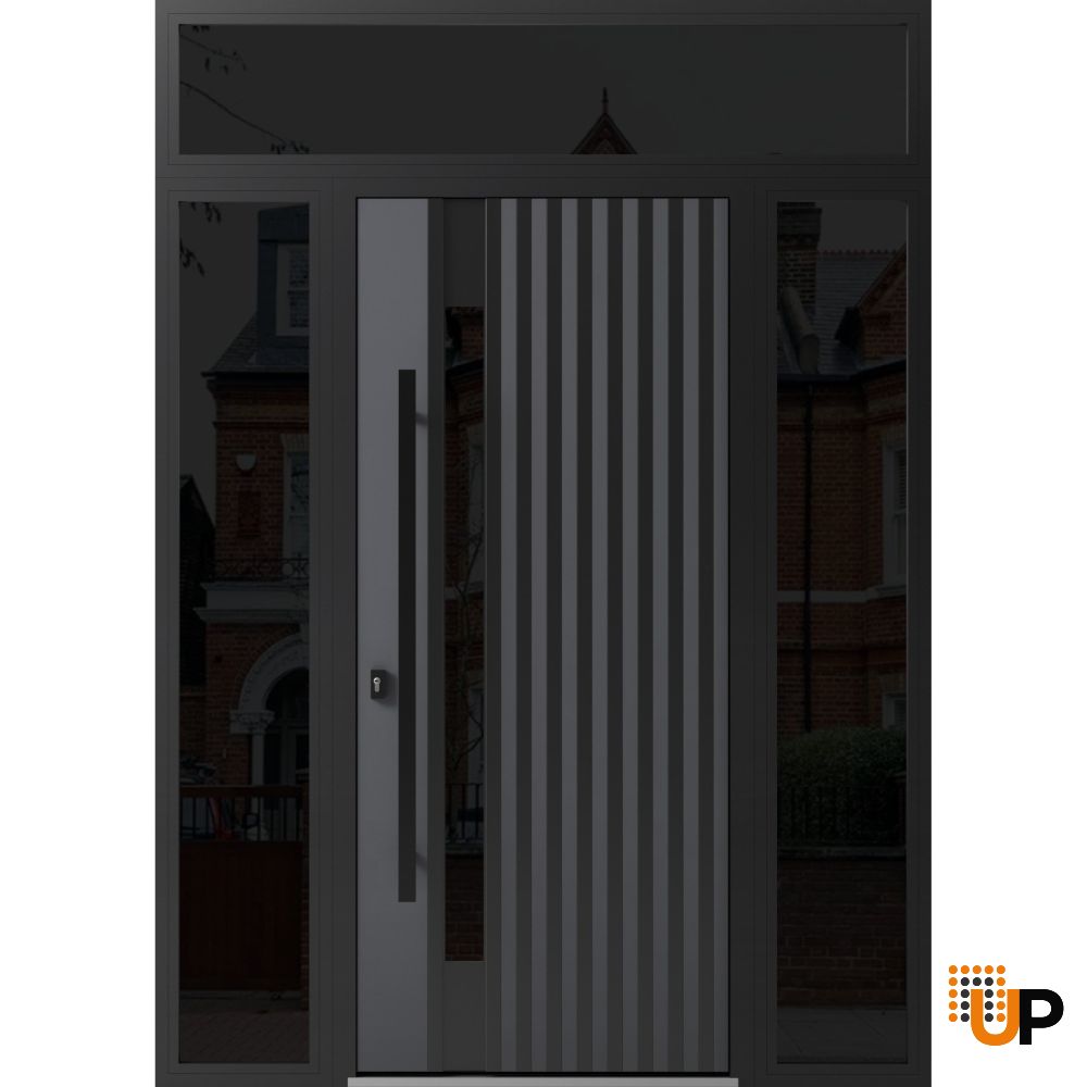 Front Exterior Prehung Steel Door / Ronex 0144 Grey / 2 Sidelight and Transom Window Sidelite / Entry Metal Modern Painted W16+36+16" x H80+16" Right hand Inswing photo#1