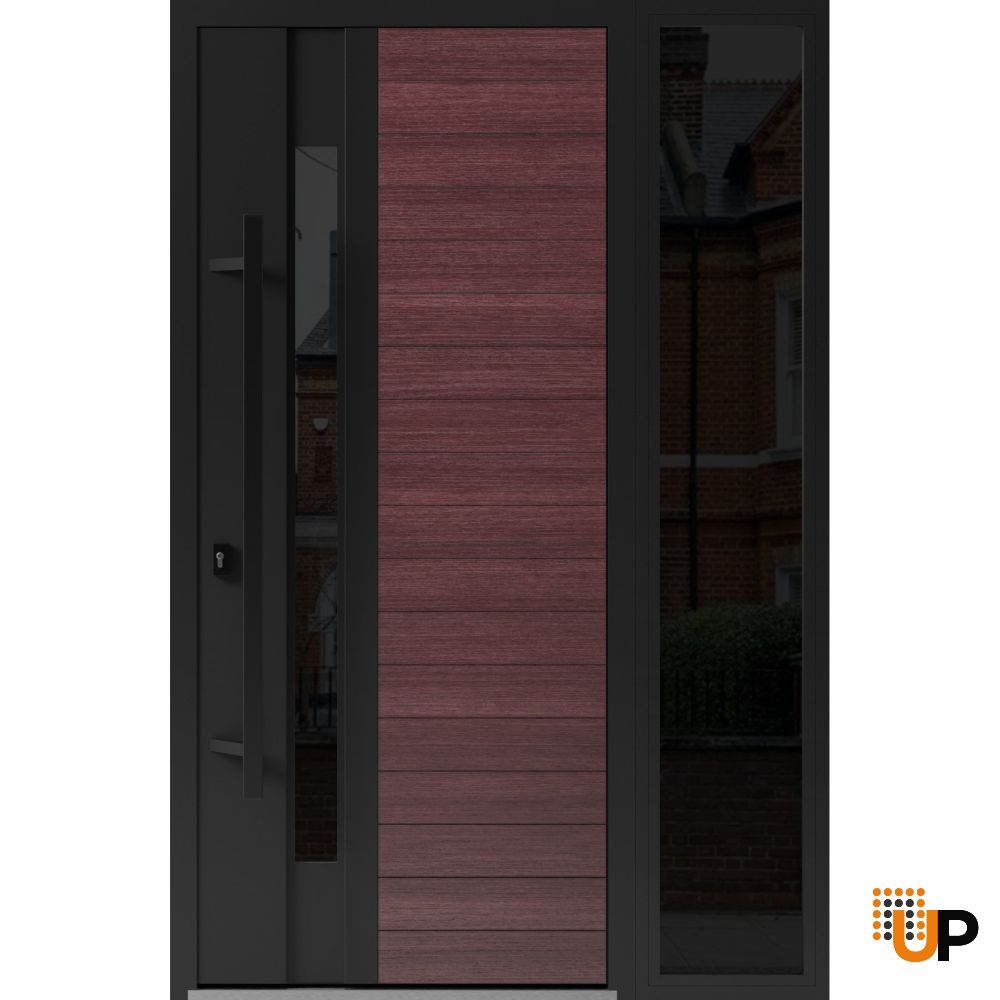 Front Exterior Prehung Steel Door / Ronex 0162 Red Oak / Sidelight Exterior Window Sidelite / Entry Metal Modern Painted W36+12" x H80" Right hand Inswing photo#1