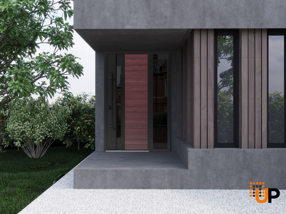 Front Exterior Prehung Steel Door / Ronex 0162 Red Oak / Sidelight Exterior Window Sidelite / Entry Metal Modern Painted W36+12" x H80" Right hand Inswing photo#3