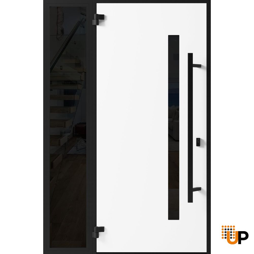 Front Exterior Prehung Steel Door / Ronex 0162 Red Oak / Sidelight Exterior Window Sidelite / Entry Metal Modern Painted W36+12" x H80" Right hand Inswing photo#2