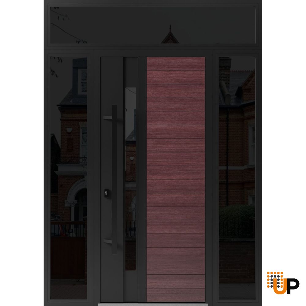 Front Exterior Prehung Steel Door / Ronex 0162 Red Oak / 2 Sidelight and Transom Window Sidelite / Entry Metal Modern Painted W16+36+16" x H80+16" Right hand Inswing photo#1