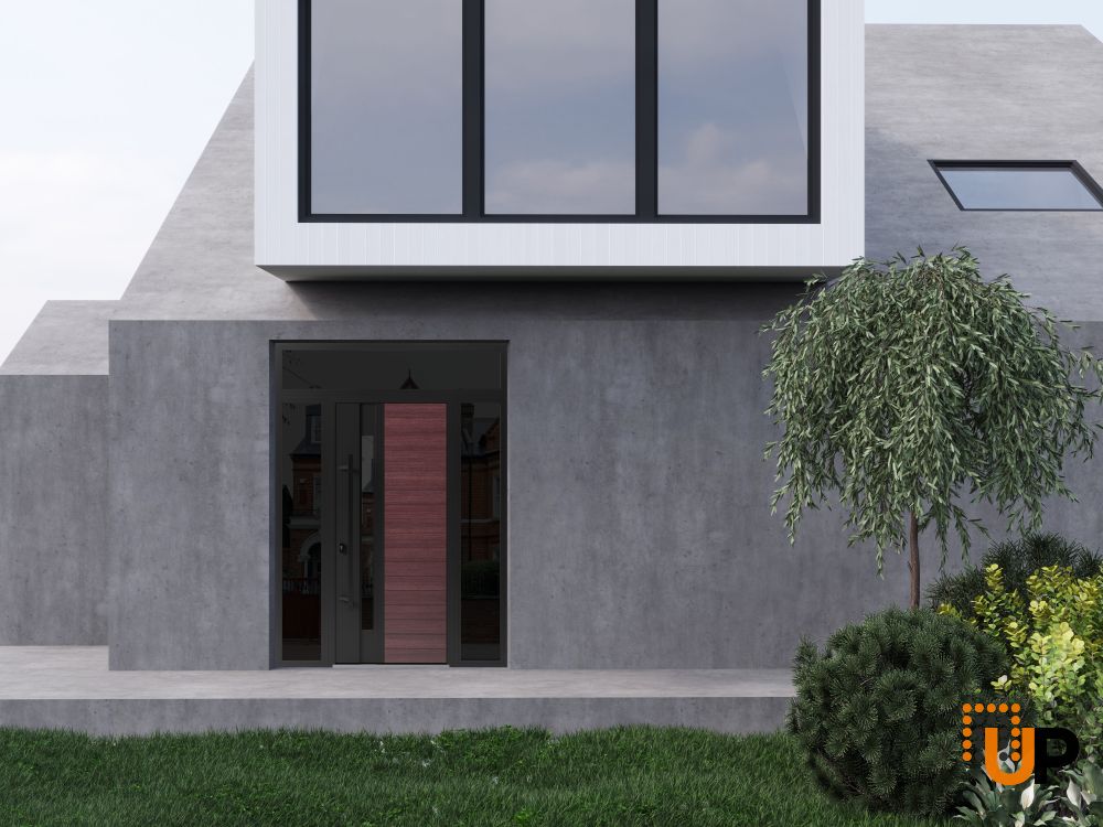 Front Exterior Prehung Steel Door / Ronex 0162 Red Oak / 2 Sidelight and Transom Window Sidelite / Entry Metal Modern Painted W16+36+16" x H80+16" Right hand Inswing photo#3