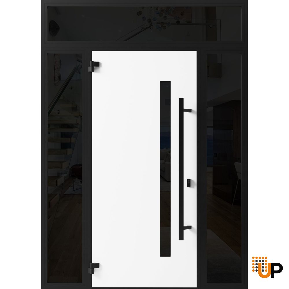 Front Exterior Prehung Steel Door / Ronex 0162 Red Oak / 2 Sidelight and Transom Window Sidelite / Entry Metal Modern Painted W16+36+16" x H80+16" Right hand Inswing photo#2
